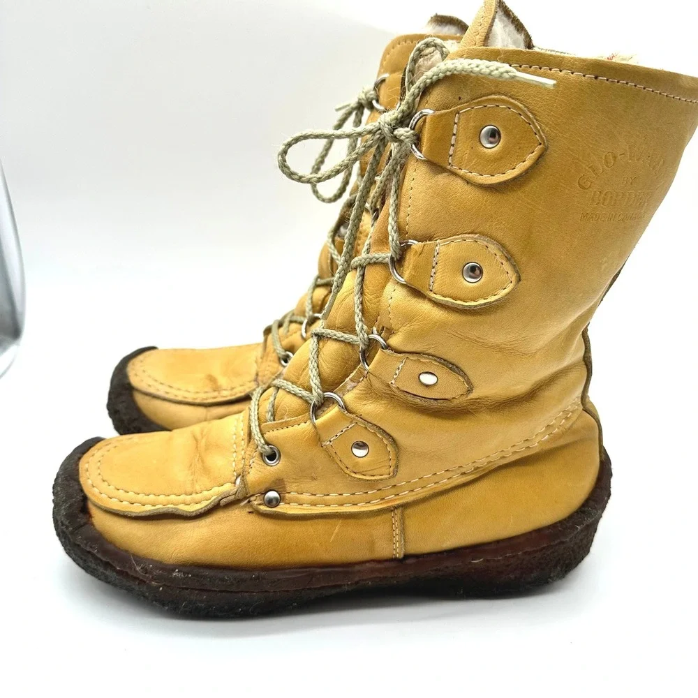 Vintage 70s Glo-Warm by Border Tan Leather Shearling Mukluk Canadian Boots 8